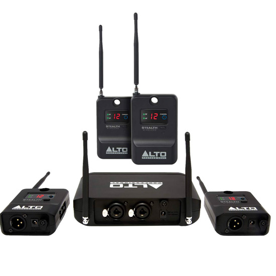 A set of wireless microphones and transmitters.
